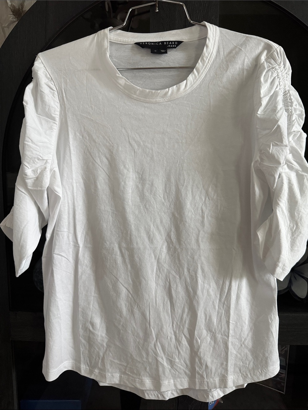 Veronica Beard White 3/4 Sleeve Tee with Ruched Sleeves